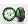 Tires and wheels, assembled, glued (V olk Racing TE37 chrome/green wheels, 1.9 Gymkhana slick tires)