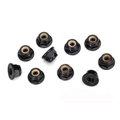 Nuts, 4mm flanged nylon locking, serr ated (black) (10)