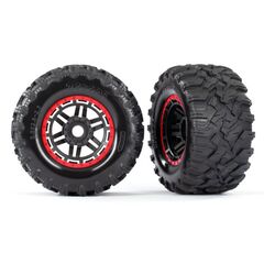 Tires & wheels, assembled, glued (bla ck, red beadlock style wheels, Maxx M T tires, foam inserts) (2) (17mm spli