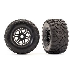 Tires & wheels, assembled, glued (bla ck wheels, Maxx All-Terrain tires, fo am inserts) (2) (17mm splined) (TSM r