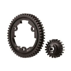 Spur gear, 50-tooth (machined, harden ed steel) (wide-face)/ gear, 20-T pin ion (1.0 metric pitch) (fits 5mm shaf