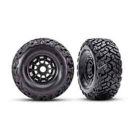LEM10272-Tires &amp; wheels, assembled, glued, lef t (1), right (1) (black wheels, Maxx Slash belted tires, foam