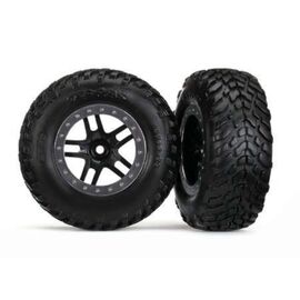 LEM5889-Tires &amp; wheels, assembled, glued (SCT&nbsp; Split-Spoke black, satin chrome beadlock style wheel, dual pr