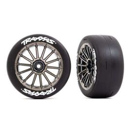 LEM9375R-Tires and wheels, assembled, glued (m ulti-spoke black chrome wheels, 2.0' slick tires with Traxxas