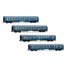 DR Coffret de 4 voitures voyageurs OSShD type B Touristen-Express Set 1 bleu 2x WLAB + 1x WR+1x Salo