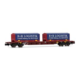 4-achsiger Containertragwagen mit 2x blau/rot 22' coil Container B+R LOGISTIK Bedburg