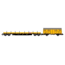ARW02.HR6647-DB Bahnbau&nbsp; 2-teil. Set maintenance wagons&nbsp; Res loaded with sleepers + Gs&nbsp; gelb&nbsp; Ep. V-VI