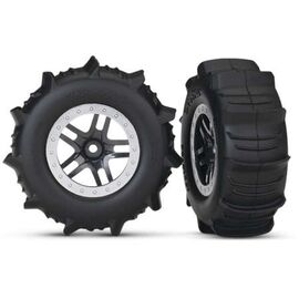 Tires & wheels, assembled, glued (SCT Split-Spoke satin chrome, beadlock s tyle wheels, paddle tires, foam inser
