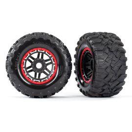 Tires & wheels, assembled, glued (bla ck, red beadlock style wheels, Maxx M T tires, foam inserts) (2) (17mm spli