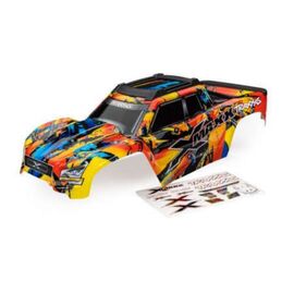 Body, X-Maxx, Solar Flare (painted, d ecals applied) (assembled with front & rear body mounts, roof skid plate,