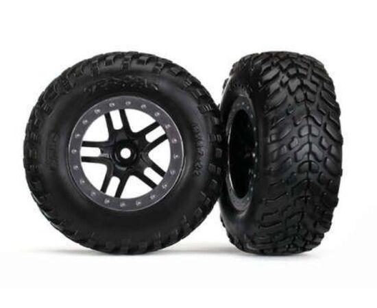 LEM5889-Tires &amp; wheels, assembled, glued (SCT&nbsp; Split-Spoke black, satin chrome beadlock style wheel, dual pr