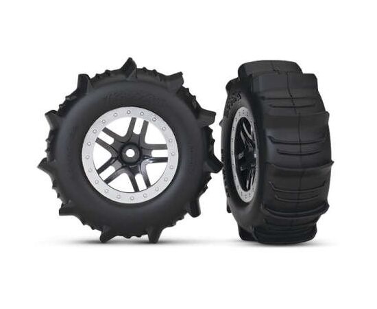 LEM5891-Tires &amp; wheels, assembled, glued (SCT&nbsp; Split-Spoke satin chrome, beadlock style wheels, paddle tires