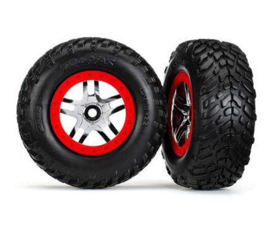 LEM5977-Tires &amp; wheels, assembled, glued (SCT&nbsp; Split-Spoke chrome, red beadlock style wheels, dual profile (