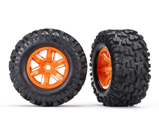 LEM7772T-Tires &amp; wheels, assembled, glued (X-M axx orange wheels, Maxx AT tires, foam inserts) (left &amp; right)