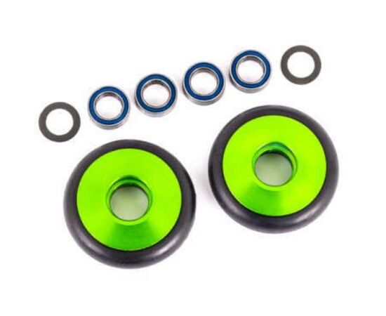 LEM9461G-Wheels, wheelie bar, 6061-T6 aluminum (green-anodized) (2)/ 5x8x2.5mm ball bearings (4)/ o-rings (2)
