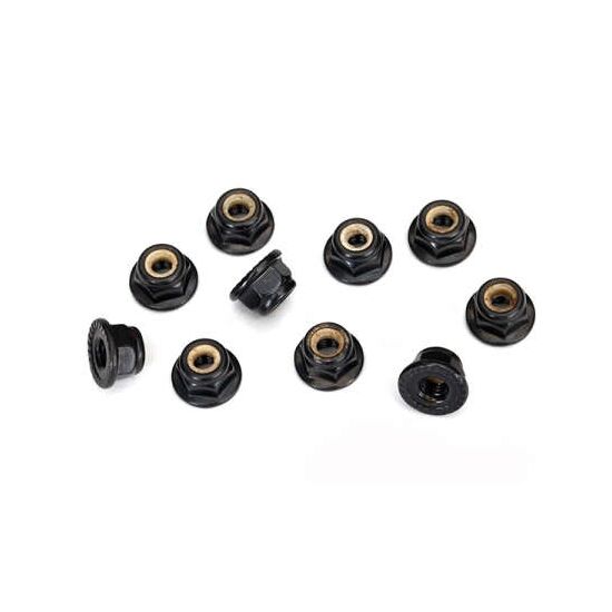 Nuts, 4mm flanged nylon locking, serr ated (black) (10)