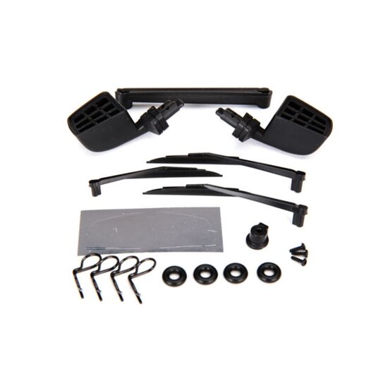 Mirrors, side, black (left & right)/ o-rings (4)/ windshield wipers, left, right, & rear/ wiper retainers (2)/