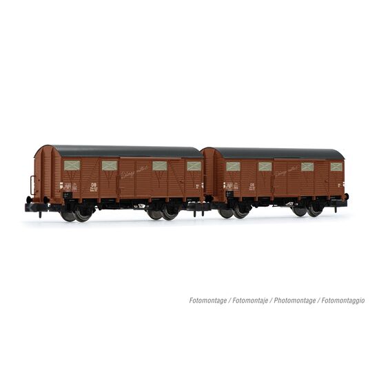 ARW02.HN6568-DB 2er-Set 2-achsiger gedeckter G&#252;terwagen Gmhs 55 braun D&#252;ngemittel Ep.III