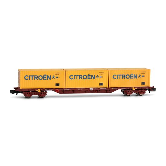 RENFE 4-achsiger Containertragwagen flat wagon MMC3 mit 3 x 20' Citroën Container Ep.IV
