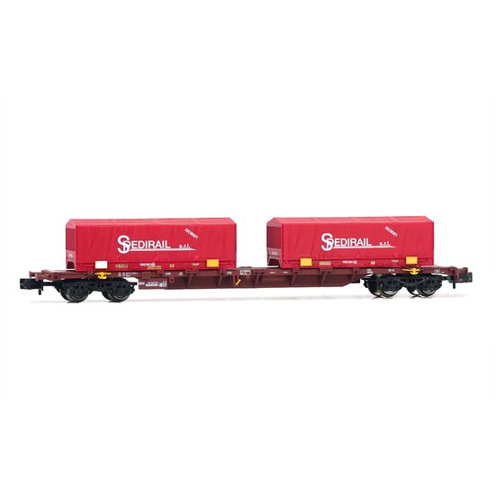 FS 4-achsiger Containertragwagen Sgnss braun mit 2x rot 22' Container Spedirail Ep.VI