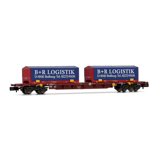 4-achsiger Containertragwagen mit 2x blau/rot 22' coil Container B+R LOGISTIK Bedburg