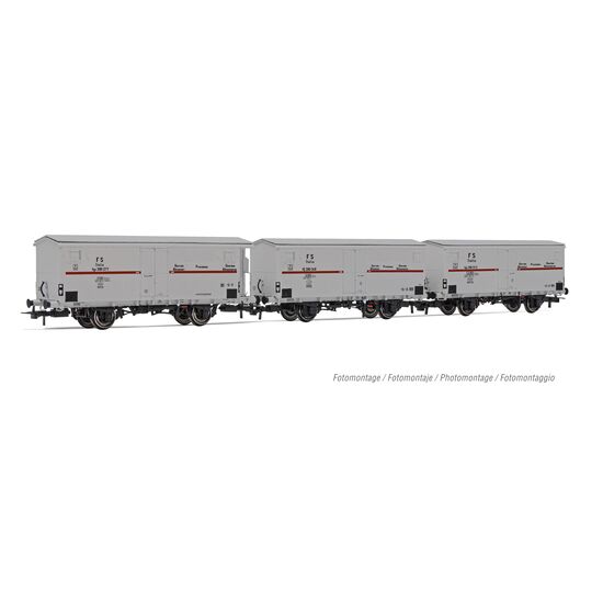FS 3er-Set Kühlwagen Hgb 2-achsig 2x ohne 1x mit Bremserhaus Metalltüren roter Streifen Ep.III