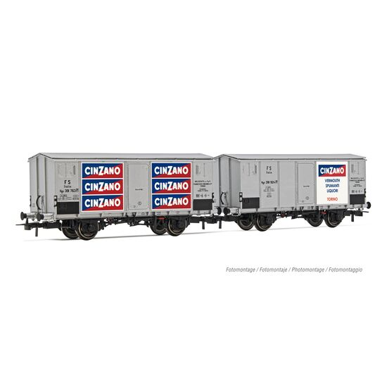 FS Coffret de 2 wagons réfrigérés Hgb 2 essieux caisse de wagon métallique argenté CINZANO Ep.III