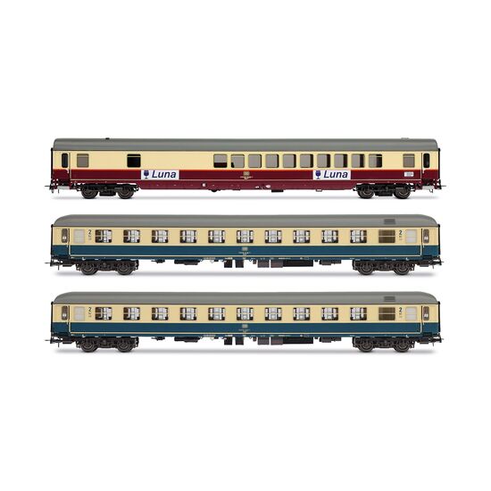 DB  3-teil. Set Nachtzug Luna  Barwagen Gmh 854 rot/beige + 2x Bcm 246 in Ozeanblau  Ep. IV
