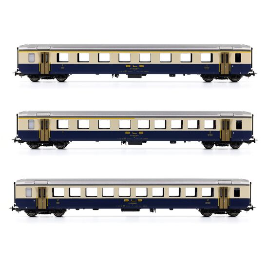 BLS Coffret de 3 wagons EW I A AB B avec inscription centrale et poignées.  Ep. IV DC