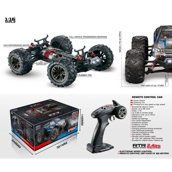 AB16001-Scale 1:16 4WD High Speed Monster Truck SPIRIT 2,4GHz Black/Red