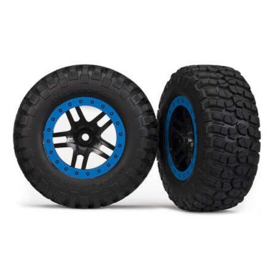Tire & wheel assy, glued (SCT Split-S poke, black, blue beadlock wheels, B FGoodrich Mud-Terrain