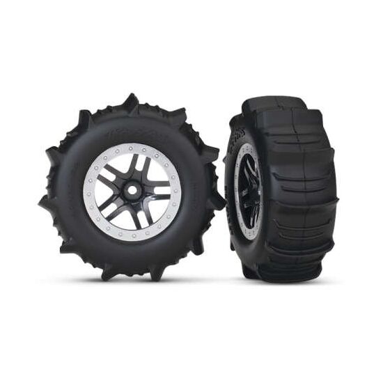 Tires & wheels, assembled, glued (SCT Split-Spoke satin chrome, beadlock s tyle wheels, paddle tires, foam inser