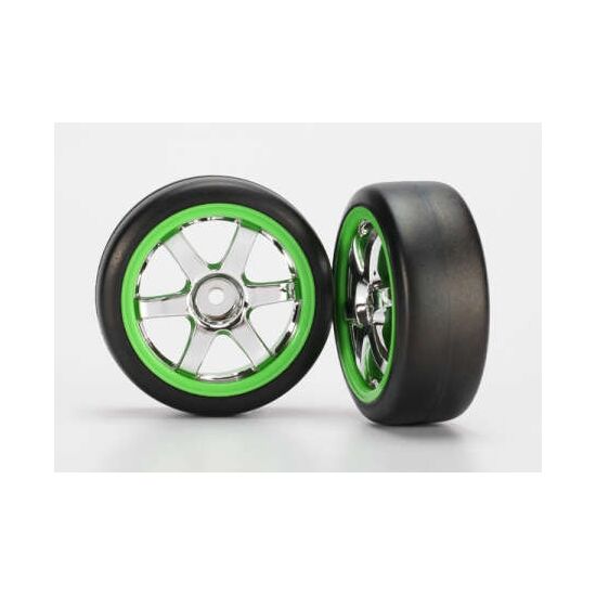 Tires and wheels, assembled, glued (V olk Racing TE37 chrome/green wheels, 1.9 Gymkhana slick tires)