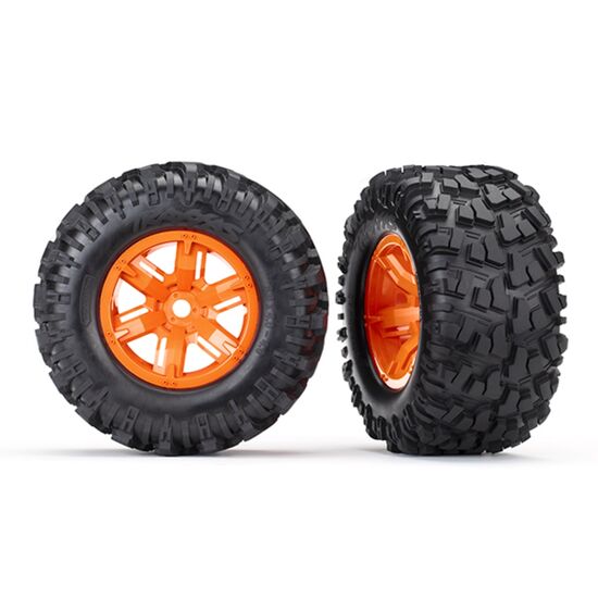 Tires & wheels, assembled, glued (X-M axx orange wheels, Maxx AT tires, foam inserts) (left & right) (2)