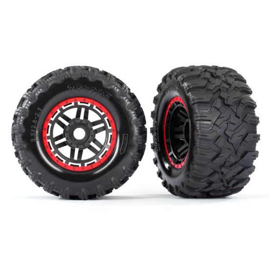 Tires & wheels, assembled, glued (bla ck, red beadlock style wheels, Maxx M T tires, foam inserts) (2) (17mm spli