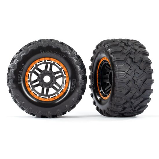 Tires & wheels, assembled, glued (bla ck, orange beadlock style wheels, Max x MT tires, foam inserts) (2) (17mm s