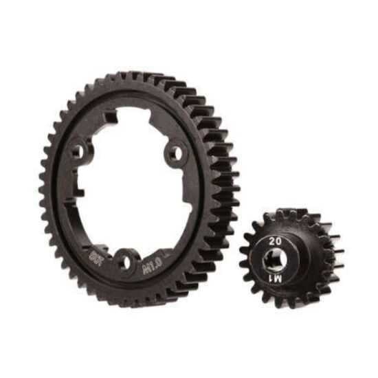 Spur gear, 50-tooth (machined, harden ed steel) (wide-face)/ gear, 20-T pin ion (1.0 metric pitch) (fits 5mm shaf