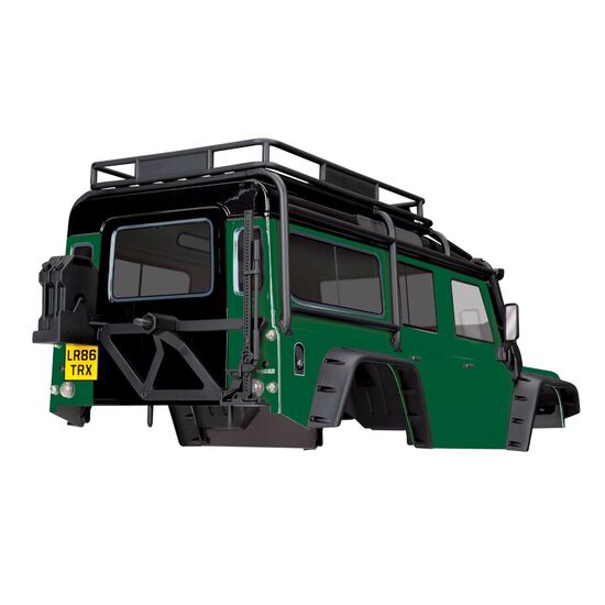 Body, Land Rover Defender, green (com plete with ExoCage, inner fenders, fuel canisters, and jack), 2 image