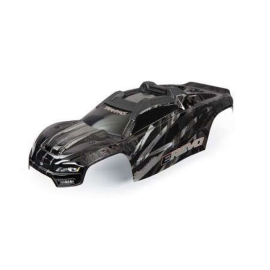 Body, E-Revo, black/ window, grille, lights decal sheet (assembled with fr ont & rear body mounts and rear body