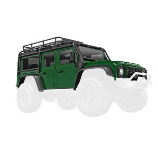 Body, Land Rover Defender, complete, green (includes grille, side mirrors, door handles, fender flares, fuel ca
