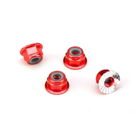 Nuts, aluminum, flanged, serrated (4m m) (red-anodized) (4)