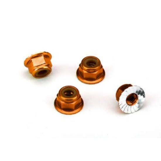 Nuts, aluminum, flanged, serrated (4m m) (orange-anodized) (4)
