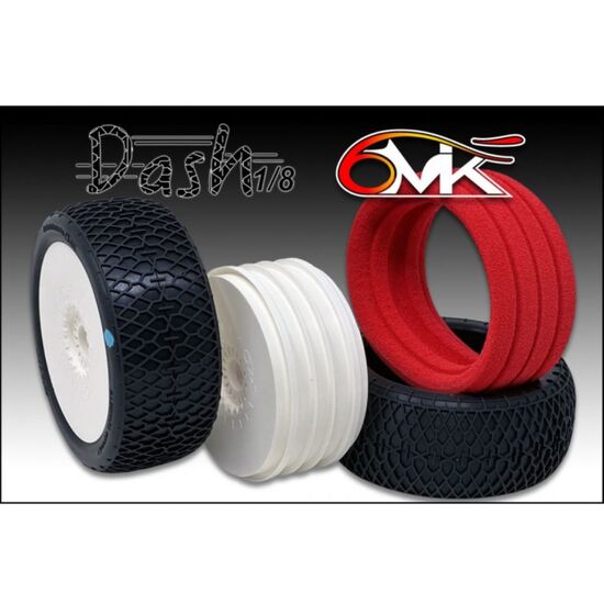 Pneus buggy 1:8 DASH gomme bleu collé sur jantes blanches (Paire)