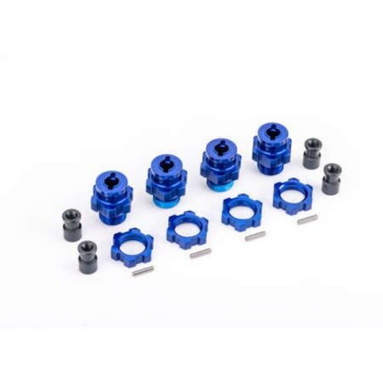 Wheel hubs, splined, 17mm, short (blu e-anodized) (4)/ wheel nuts, splined, 17mm (blue-anodized) (4)/ hub retain